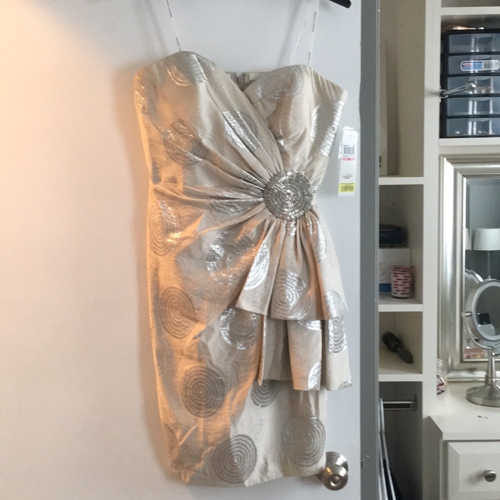 White and silver strapless dress